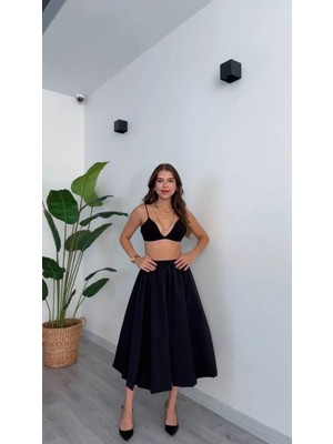 Şamdan Siyah Yüksek Bel Midi Etek