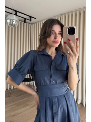 Sue Store Indigo Balon Kol Korse Detaylı Gömlek Elbise