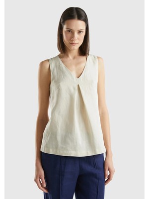 United Colors Of Benetton %100 Keten V Yaka Kolsuz Geniş Kesim Bluz Model Kodu: 5BMLDQ06W152