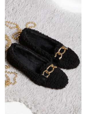 Renkli Butik Kadın Peluş Tüylü Zincirli Ev Ayakkabısı Babet Suni Kürk Desenli