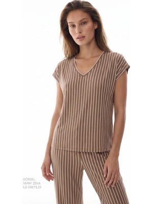 Penti Kahverengi Hera Çizgili Dantelli Kısa Kollu Pantolon Pijama Takımı