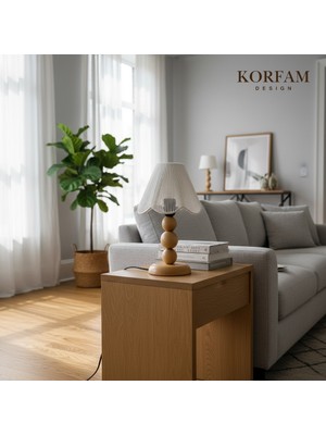 KorFam Rosalinda Abajur - Beyaz Hasır El Yapımı Bohem Asimetrik Şekilli Ahşap Ayaklı Rustik Abajur