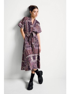 United Colors Of Benetton Bordo Kadın / Kız KDN_%100 Pamuk Desenli Kuşaklı V Yaka Poplin Elbise Model Kodu: 40H2DV0C3BORDO