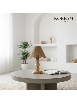 KorFam Rosalinda Abajur - Kahverengi Hasır El Yapımı Bohem Asimetrik Şekilli Ahşap Ayaklı Rustik Abajur