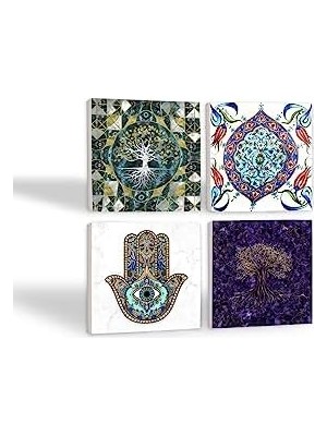 Berry Store Hayat Ağacı, Çini Sanatı, Fatma Ana Eli  Taş Bardak Altlığı Seti - 4 Parça - Dekoratif, Rustik Mutfak Aksesuarı, 10X10 Cm, Kaydırmaz Tabanlı, Şık ve Dayanıklı SC484