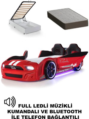 Ferramini Kırmızı Kapıları Açılan Mustang Full Ledli Kumandalı ve Müzikli + Ortopedik Yatak Bazalı Arabalı Yatak