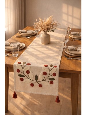 Shopyteks %100 Pamuk Keten Bohem Punch Nakışlı Masa Runner – 30X140 cm Zarif ve Doğal Sofra Dekorasyonu