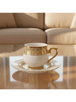 Nisar Store 6 Kişilik Lüks Yaldızlı Porselen Türk Kahvesi Fincan Takımı, Mozaik Desenli ve Altın Kulplu, 12 Parça Çeyizlik Klasik Sunum Seti