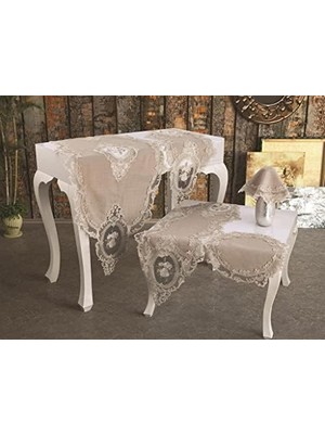 Nisar Store Çeyiz Diyarı Fransız Güpürlü Kadife Salon Takımı 5 Parça Cappucino 180039