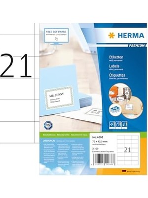 Nisar Store 4668 Evrensel Etiket Dın A4 70 x 42,3 Mm, 100 Yaprak, Kağıt, Mat Kendinden Yapışkanlı, Basılabilir, 2.100 Yapışkan Etiket, Beyaz