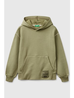 United Colors Of Benetton Haki Erkek Ej_sırtı Şerit Detaylı Logolu Kese Cepli Kapüşonlu Sweatshirt Model Kodu: 3UNIC204JHAKI