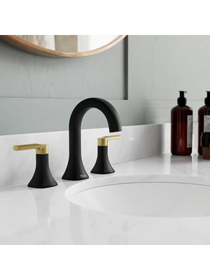 NY Home Vaneri Banyo Lavabo Bataryası, 20 cm Yaygın, 2 Saplı, 3 Delikli, Mat Siyah ve Fırçalanmış Altın Kaplama, LF049VRIBBG