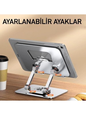 NY Home Tablet Standı 360 Derece Dönebilen Tablet Stand Katlanabilir Metal Standı Notebook Laptop Tutucu Standı Tablet ve Telefon Tutucu Stant Tablet Tutucu Metal (Açık Gri) (360 Derece)