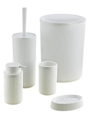 NY Home 5 Parça Lüx Plastik Banyo Seti 7 Litre Dokunmatik Çöp Kovalı, Antibakteriyel Fırça (Siyah-Gri) (Beyaz)