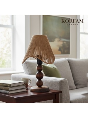 KorFam Wavy Abajur - Kahverengi Hasır El Yapımı Bohem Asimetrik Şekilli Ahşap Ayaklı Rustik Abajur