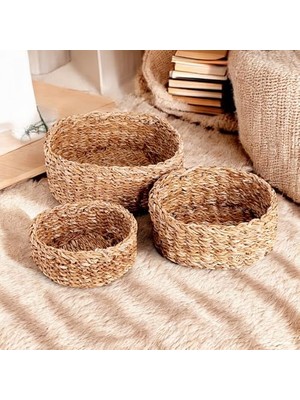 Nisar Store 3'lü Rustik El Yapımı Doğal Yuvarlak Hasır Düzenleyici Seti | 3'lü Hasır Yuvarlak Organizer Seti – Dekoratif, Çok Amaçlı ve Dayanıklı Sepetler (30X30X12CM – 25X25X10CM – 20X20X8CM)