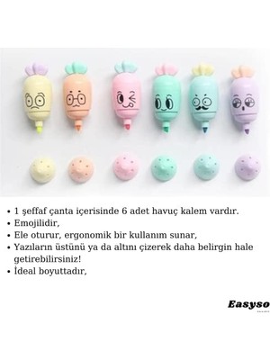 Nisar Store Havuç Fosforlu Işaretleme Kalemi (Mini) 6'lı, Çok Renkli EASYSO290 Fosforlu Kalem Highlighter