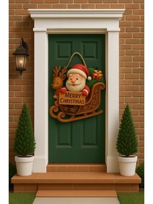 NY Home Babalı Kızaklı Hediye Paketli Yılbaşı Geyikli Kapı Süsü Ahşap Kapı Süsü Yılbaşı Mazemeleri Temalı Hediyeler 2026 (25-30 Cm)