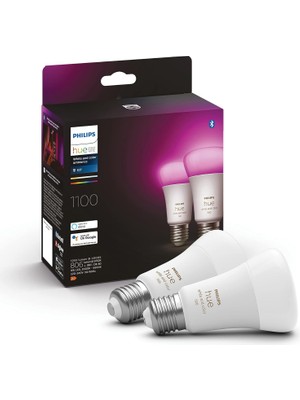 Nisar Store Hue Beyaz ve Renkli Ambiyans, E27 Akıllı LED Ampul, 75W Eşdeğeri, 75W, 1100 Lümen, Bluetooth Uyumlu, 2'li Paket, Alexa, Asistan ve Homekit ile Çalışır, Renkli Beyaz