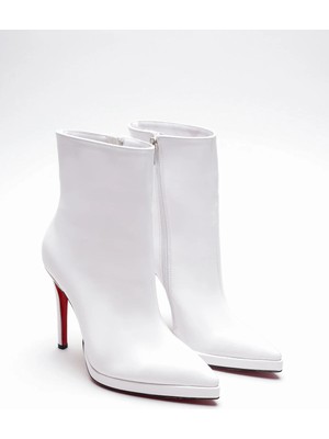 Ayakkabı Ateşi Kadın Sivri Burun Ince Topuklu Bot Accos Beyaz Rugan