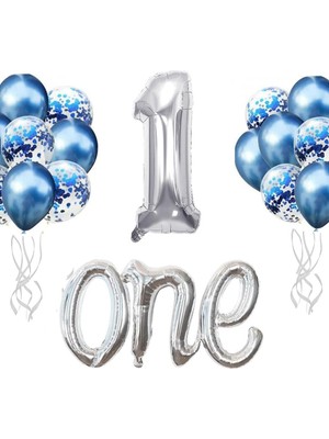 NY Home 1 Yaş Doğum Günü Parti Kutlama Seti (Mavi Gümüş)