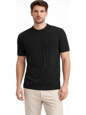 MiraLive Erkek Yazlık Fitilli Triko Tişört Kısa Kol Bisiklet Yaka T-Shirt - Siyah