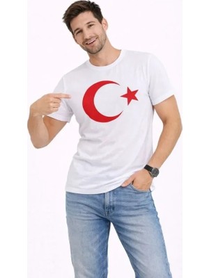 Uslucan Alışveriş Erkek T-Shirt Kısa Kol Bisiklet Yaka Ay Yıldız Bayrak Baskılı Tişört - Beyaz