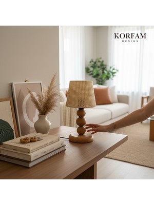 KorFam Krem Hazeran Görünümlü Bohem Ahşap Ayaklı Abajur