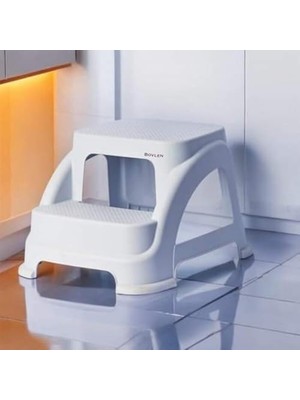 NY Home Iki Basamaklı Kaymaz Tabure - 120 kg Taşıma Kapasiteli - Basamaklı Tabure - Sert Plastik (Beyaz)