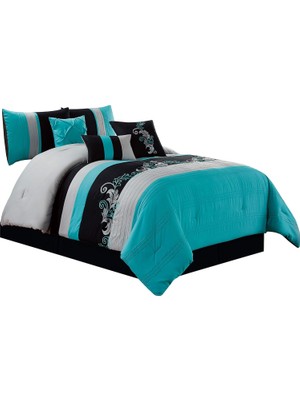 NY Home Napa 7 Parça Lüks Yapraklar Kıvrımlı Nakış Yatak Yorgan Seti (Kraliçe, Cam Göbeği Mavisi/gri/siyah)