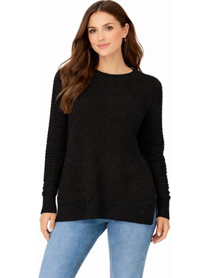 Justas Kadın Siyah Triko Kazak Uzun Kollu Bisiklet Yaka Rahat Kalıp Günlük Kullanım Şık Örme Kazak