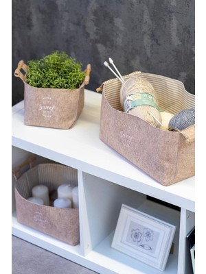 NY Home Buti Keçe Tahta Saplı Düzeleyici Sepet - Çok Amaçlı Saklama Organizer Kutu Maxi Kahverengi 25X18X15CM -