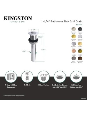 NY Home Pirinç KB4001 Musluk 19 Delikli Izgara Tahliyesi, Tekne Lavabo Için, Krom