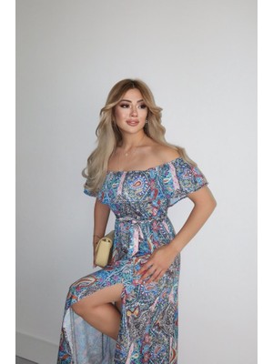 MiraLive Kadın Kısa Kollu Madonna Yaka Fırfırlı Belden Yırtmaçlı Maksi Süprem Elbise