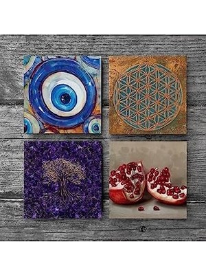 NY Home Nazar, Yaşam Çiçeği, Hayat Ağacı, Nar Taş Bardak Altlığı Seti - 4 Parça - Dekoratif, Rustik Mutfak Aksesuarı, 10X10 Cm, Kaydırmaz Tabanlı, Şık ve Dayanıklı SC465