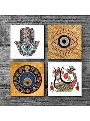 NY Home Nazar, Şahmeran, Fatma Ana Eli  Taş Bardak Altlığı Seti - 4 Parça - Dekoratif, Rustik Mutfak Aksesuarı, 10X10 Cm, Kaydırmaz Tabanlı, Şık ve Dayanıklı SC510