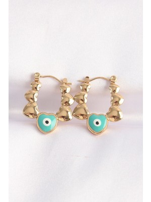 MiraLive Mey Ithalat® 316L Çelik Gold Renk Mavi Nazarlı Kalpli Model Küpe