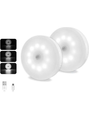 Nesto Home Hareket Sensörü Gece Lambası USB Şarj Edilebilir, Soğuk Beyaz ve Kısılabilir, 10 Led, Manyetik Gece Lambası, Dolap Merdivenleri Koridor Banyo Için Hareket Sensörü Işığı, 3 Adet