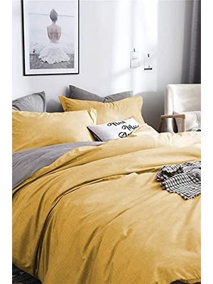 Nesto Home Çift Kişilik Çift Taraflı Nevresim Takımı - Lastikli Çarşaflı -Sarı/gri, Kraliçe