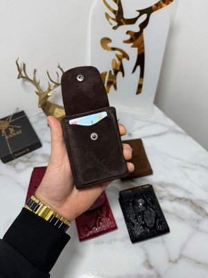 Sanat Hakiki Süet Deri Minimalist Cüzdan- El Işçiliği Kartlık ve Bozuk Para Bölmeli