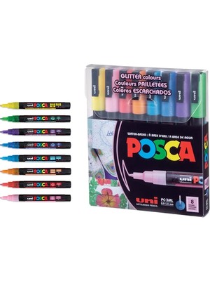 Uni-Ball Markör Boyama Kalemi Posca Su Bazlı Poster 0.9-1.3 Mm Simli 8 Renk Set pc-3ml/8c gc