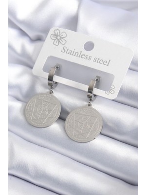 MiraLive Mey Ithalat® 316L Çelik Gümüş Renk Pentagram Işleme Model Kadın Küpe