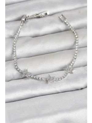 Erbilden Erb Pirinç Gümüş Renk Minimal Yıldız Model Zirkon Taşlı Su Yolu Kadın Bileklik