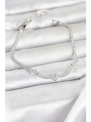 Erbilden Erb Pirinç Gümüş Renk Kalp Model Zirkon Taşlı Su Yolu Kadın Bileklik