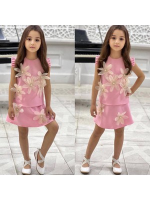 Lina Baby Bloomm ​bayramlık Elbise Kız Çocuk Pembe 3D Çiçek Detaylı Ikili Takım - Özel Gün ve Doğum Günü Elbisesi ​