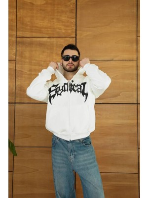 Tarz Yeri Erkek Kapüşonlu 3 Iplik Şardonlu Önü Baskılı Fermuarlı Oversize Sweatshirt - Beyaz