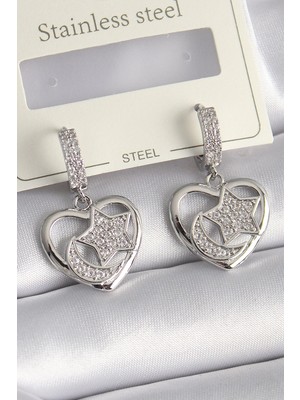 Toyigoo Mey Ithalat® Pirinç Gümüş Renk Kalp Model Zirkon Taşlı Ay Yıldız Işlemeli Kadın Küpe T