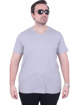 Moc Grande Mocgrande Erkek Büyük Beden Likralı Basic V Yaka Tişört 11170 Grı
