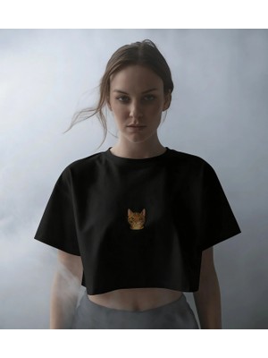 Muhtar Store Minimal Bengal Kedi Baskılı Siyah Crop Tişört Kadın Oversize Rahat Kalıp