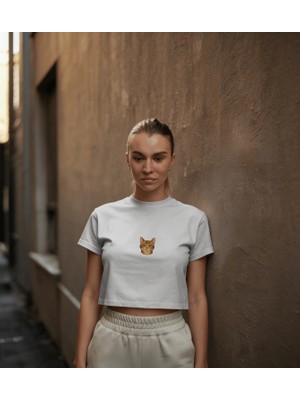 Muhtar Store Minimal Bengal Kedi Baskılı Siyah Crop Tişört Kadın Oversize Rahat Kalıp